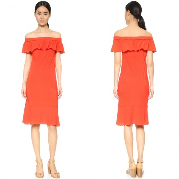 Veronica Beard || Oleta Ruffled Off Shoulder Midi Dress Red Orange 6 - Picture 1 of 9